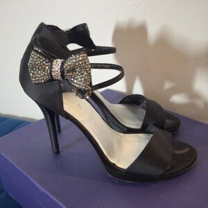 Stuart Weitzman Black Satin Stiletto Heels with Rhinestone Bows w/ Box, 10.5